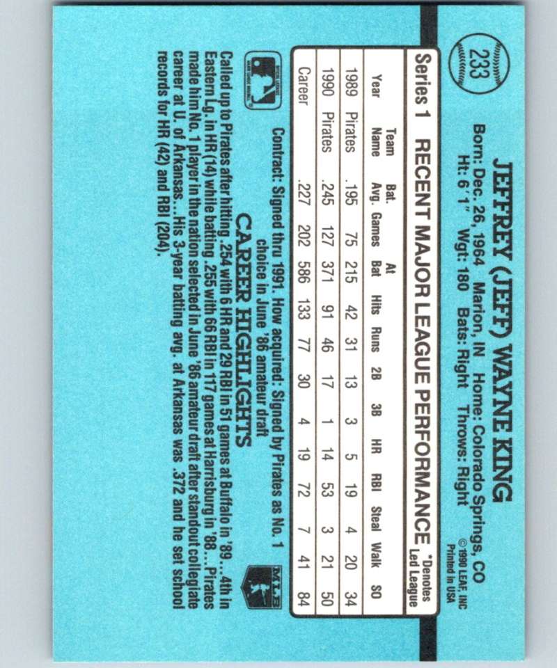 1991 Donruss #233 Jeff King Pirates MLB Baseball Image 2