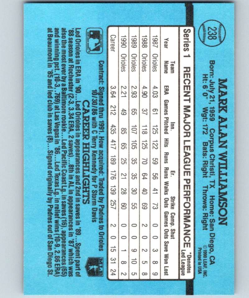 1991 Donruss #238 Mark Williamson Orioles MLB Baseball Image 2