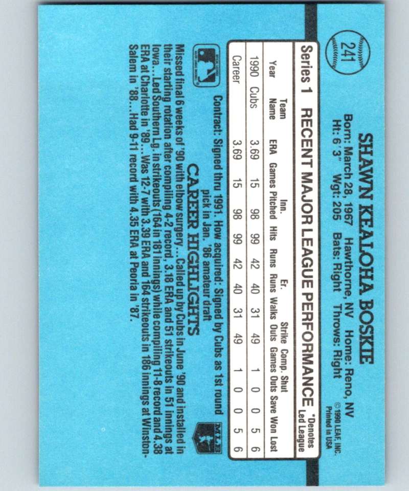 1991 Donruss #241 Shawn Boskie Cubs MLB Baseball Image 2