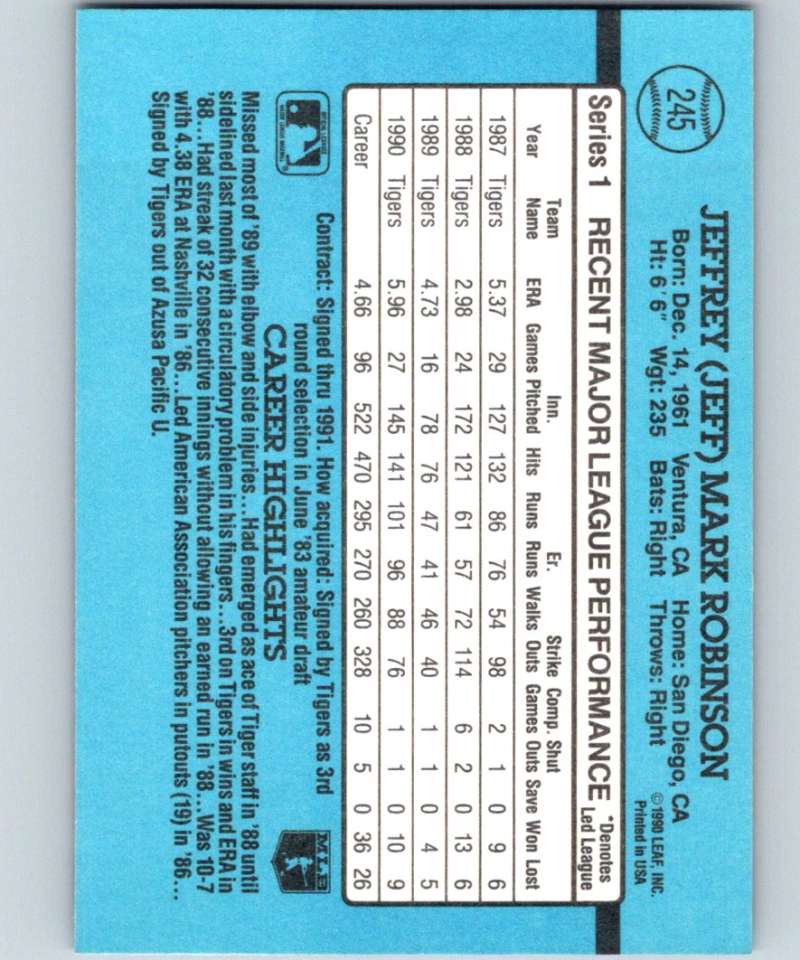1991 Donruss #245 Jeff Robinson Tigers MLB Baseball Image 2