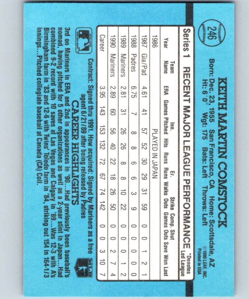 1991 Donruss #246 Keith Comstock Mariners MLB Baseball Image 2