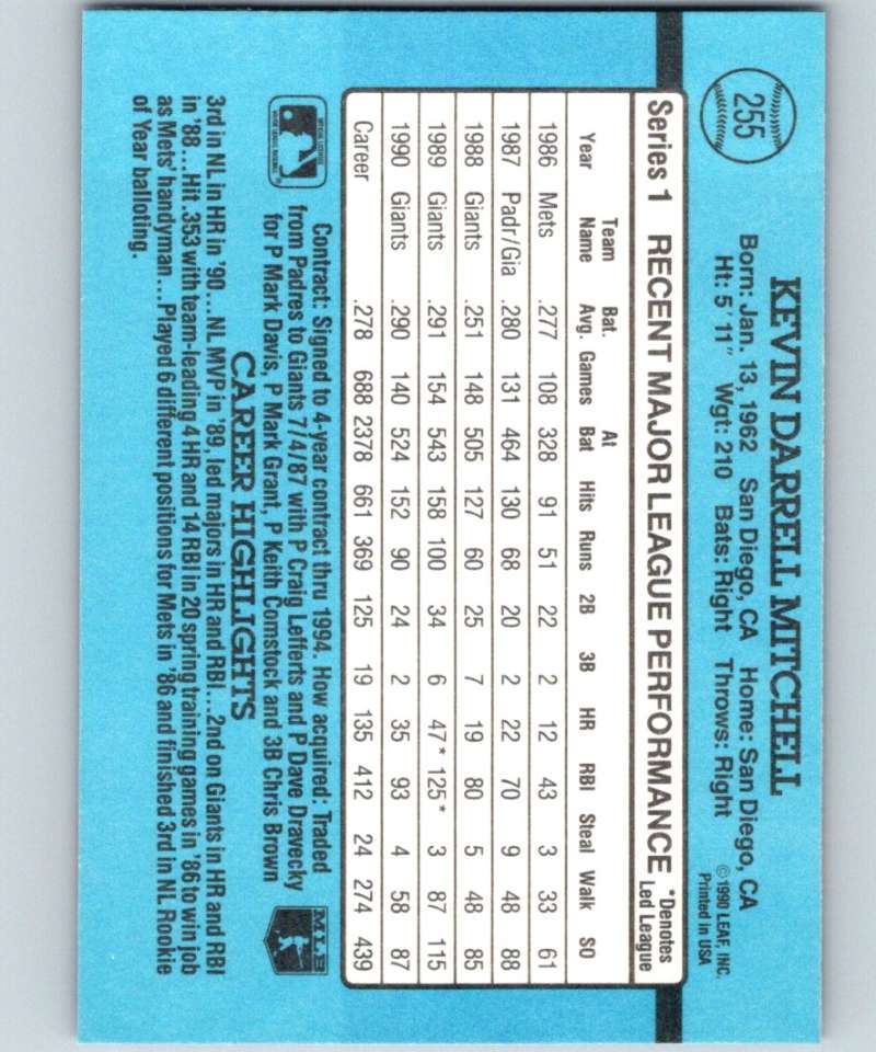 1991 Donruss #255 Kevin Mitchell Giants MLB Baseball