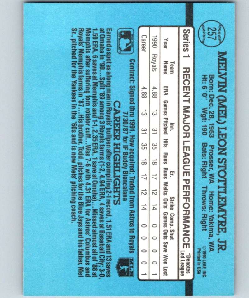 1991 Donruss #257 Mel Stottlemyre Jr. Royals MLB Baseball Image 2