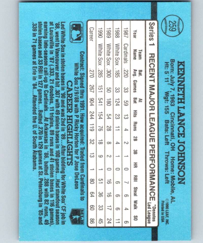 1991 Donruss #259 Lance Johnson White Sox MLB Baseball Image 2