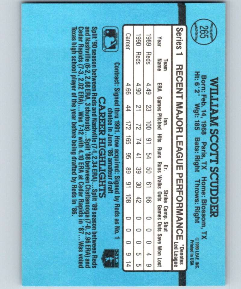 1991 Donruss #265 Scott Scudder Reds MLB Baseball Image 2
