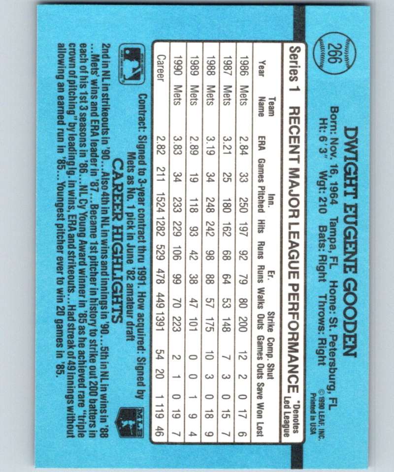 1991 Donruss #266 Dwight Gooden Mets MLB Baseball Image 2