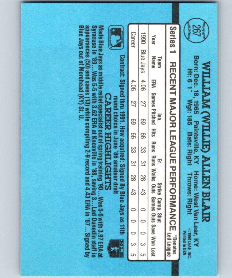 1991 Donruss #267 Willie Blair Blue Jays MLB Baseball Image 2