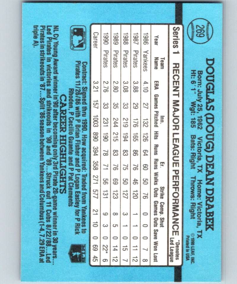 1991 Donruss #269 Doug Drabek Pirates MLB Baseball Image 2