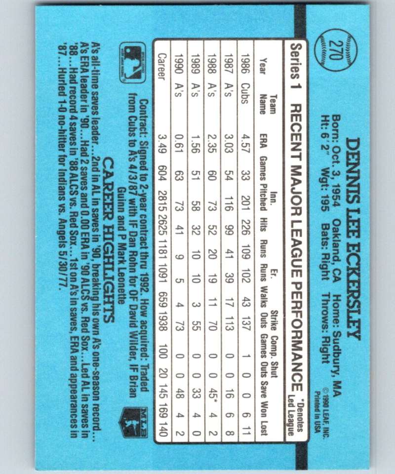 1991 Donruss #270 Dennis Eckersley Athletics MLB Baseball Image 2
