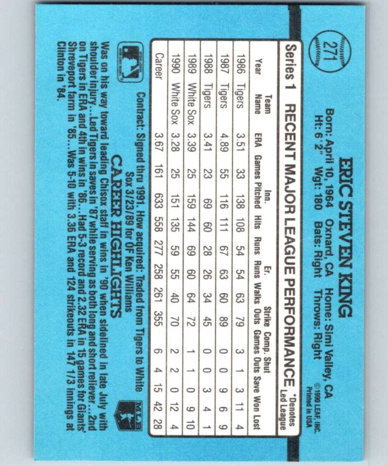 1991 Donruss #271 Eric King White Sox MLB Baseball Image 2