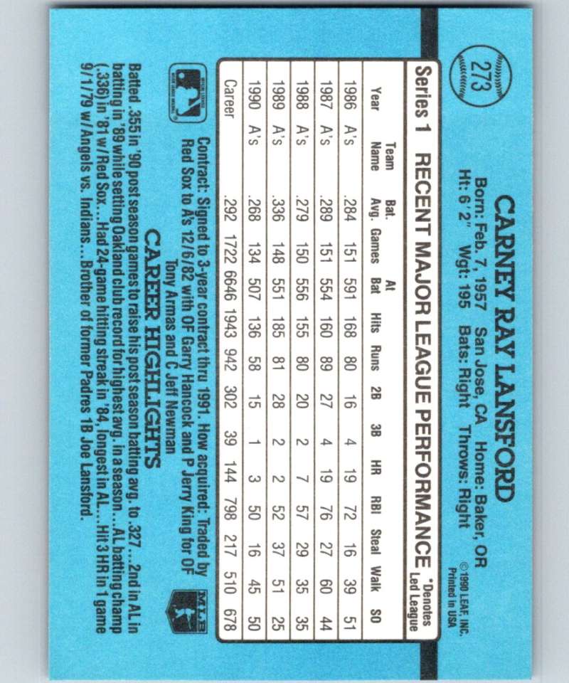 1991 Donruss #273 Carney Lansford Athletics MLB Baseball Image 2