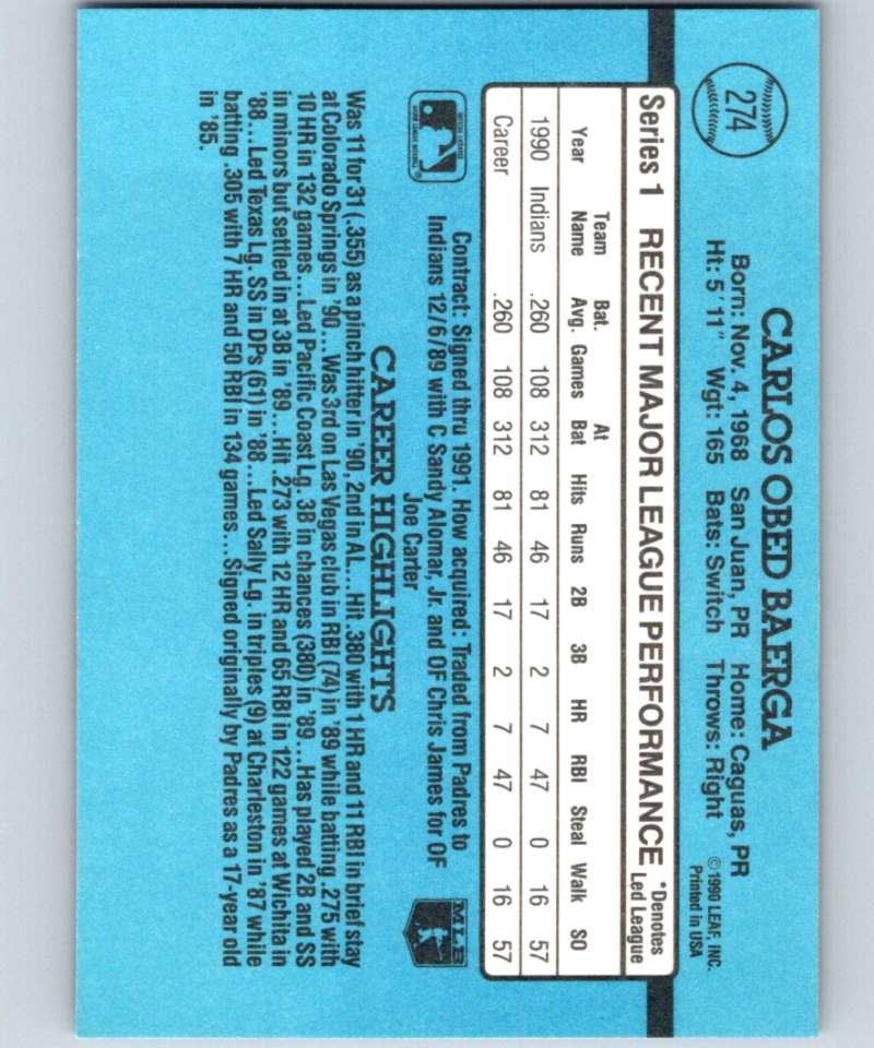 1991 Donruss #274 Carlos Baerga Indians MLB Baseball Image 2