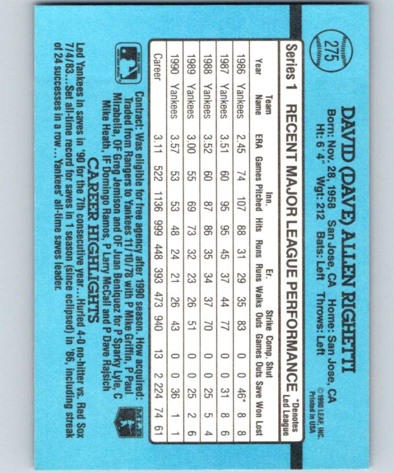 1991 Donruss #275 Dave Righetti Yankees MLB Baseball Image 2