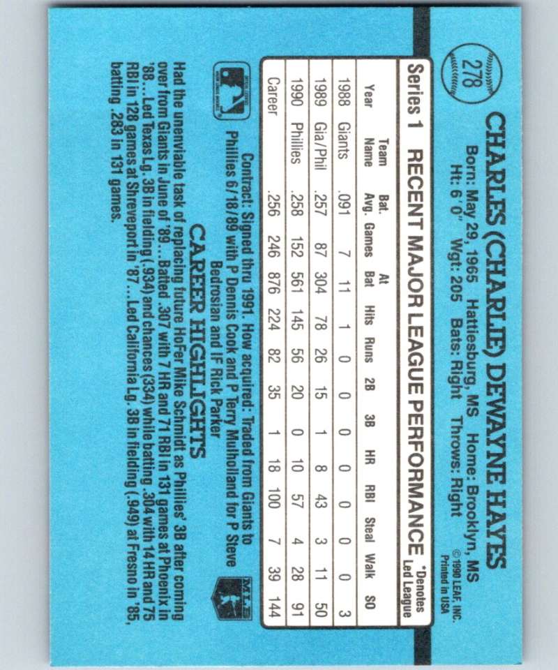 1991 Donruss #278 Charlie Hayes Phillies MLB Baseball Image 2