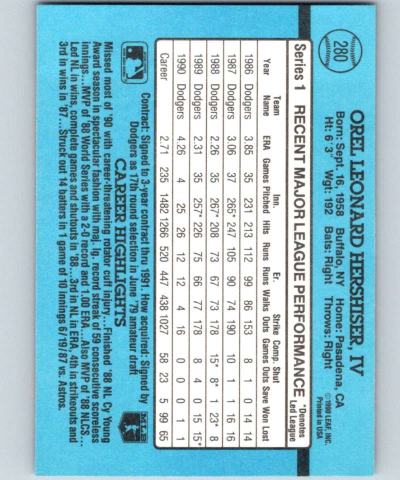 1991 Donruss #280 Orel Hershiser Dodgers MLB Baseball Image 2