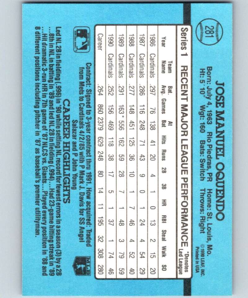 1991 Donruss #281 Jose Oquendo Cardinals MLB Baseball Image 2