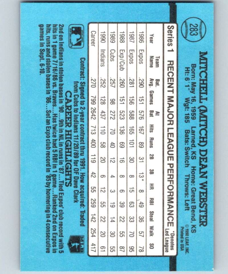 1991 Donruss #283 Mitch Webster Indians MLB Baseball Image 2