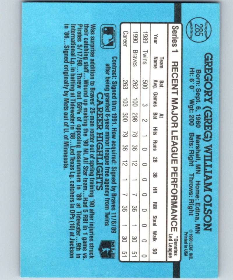 1991 Donruss #285 Greg Olson Braves MLB Baseball Image 2
