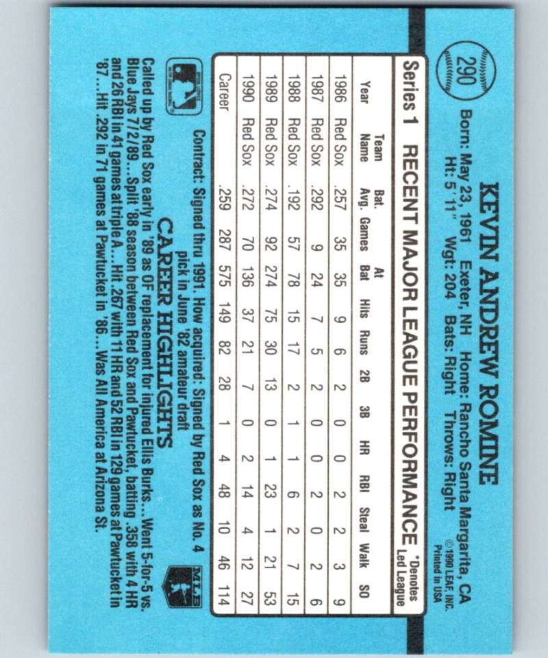 1991 Donruss #290 Kevin Romine Red Sox MLB Baseball Image 2