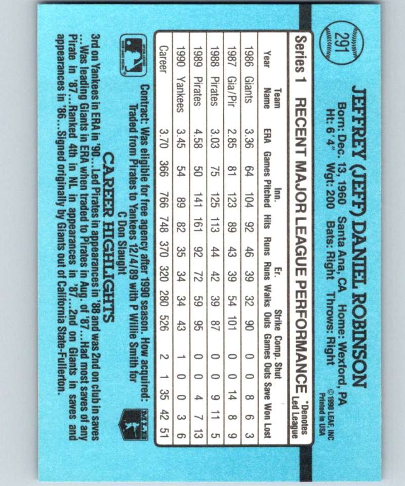 1991 Donruss #291 Jeff Robinson Yankees MLB Baseball