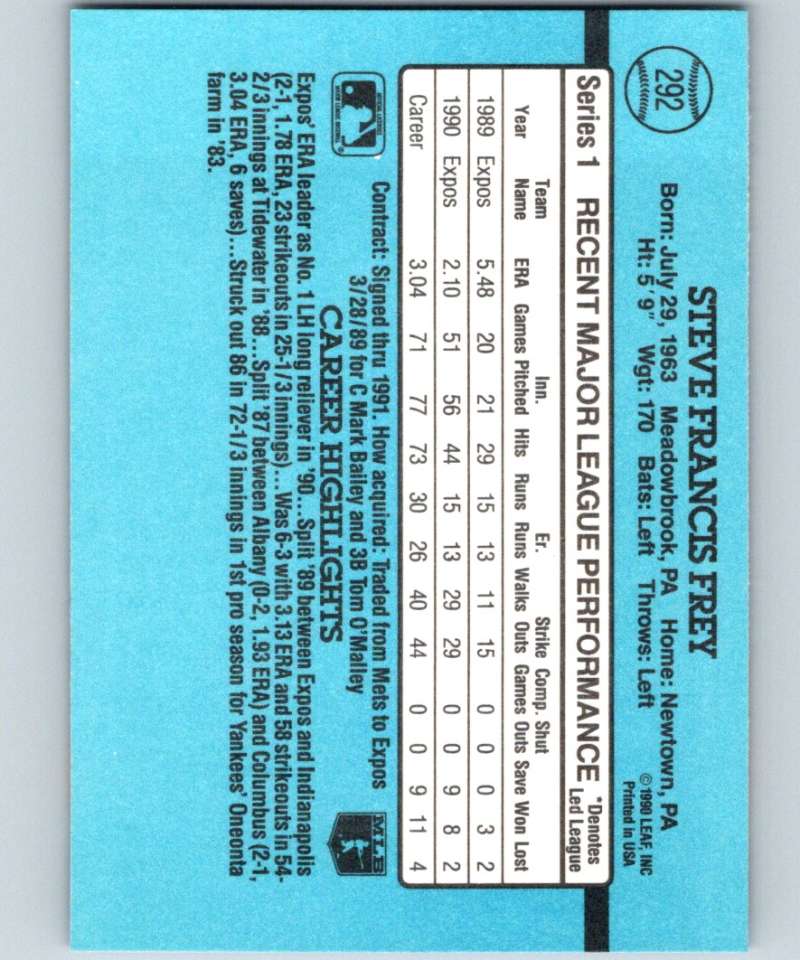 1991 Donruss #292 Steve Frey Expos UER MLB Baseball Image 2