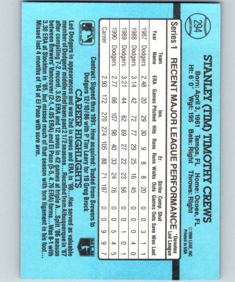 1991 Donruss #294 Tim Crews Dodgers MLB Baseball Image 2