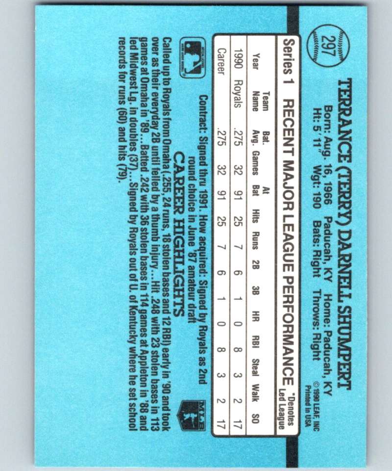 1991 Donruss #297 Terry Shumpert Royals MLB Baseball Image 2