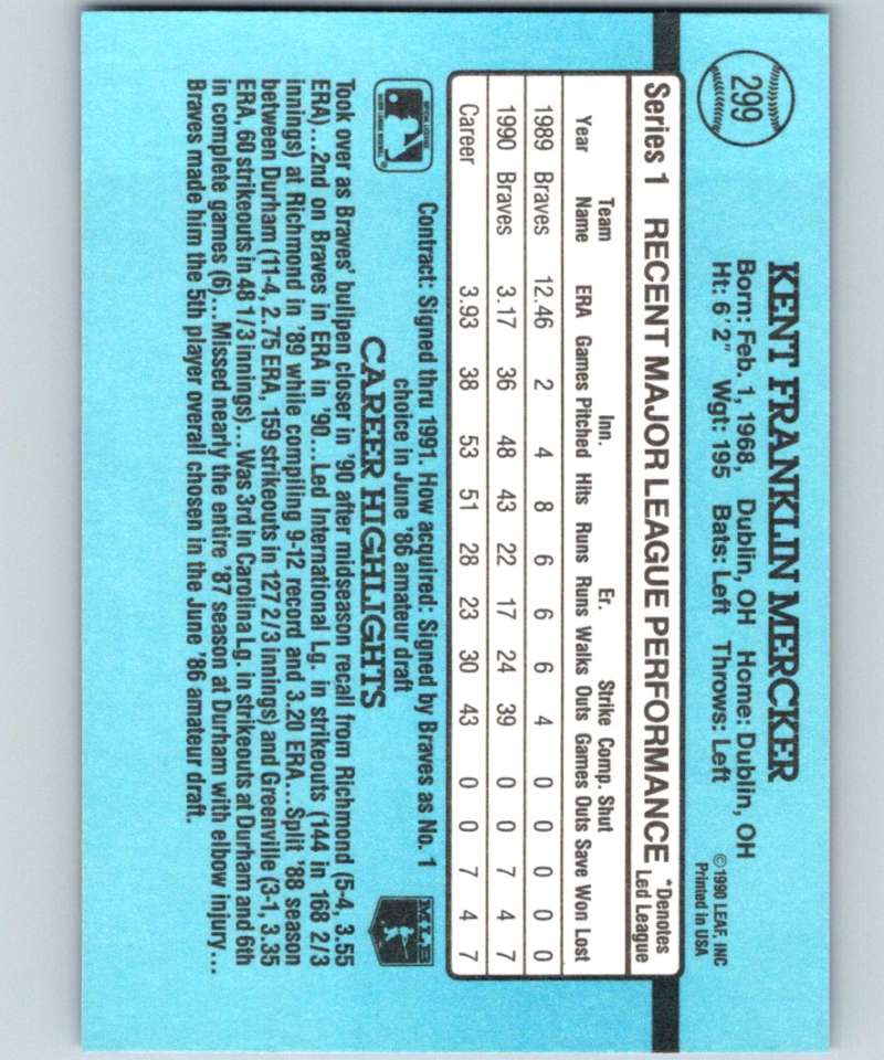 1991 Donruss #299 Kent Mercker Braves UER MLB Baseball Image 2