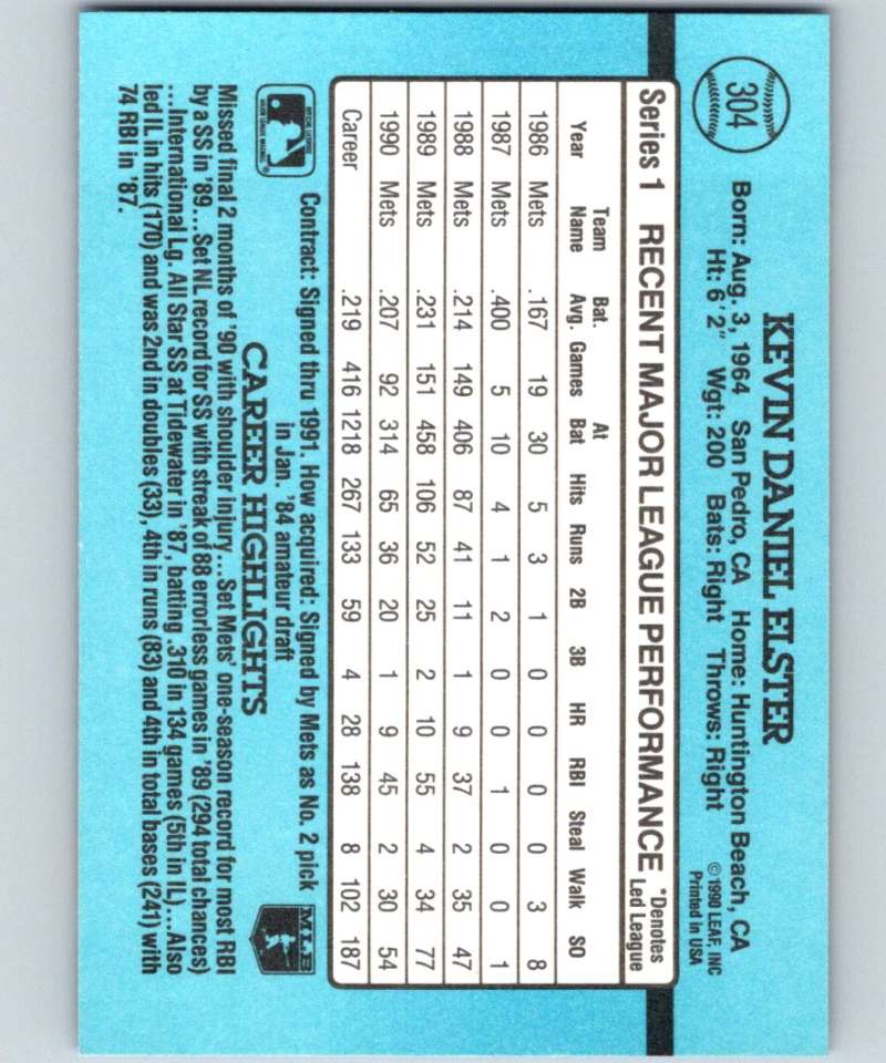 1991 Donruss #304 Kevin Elster Mets MLB Baseball Image 2