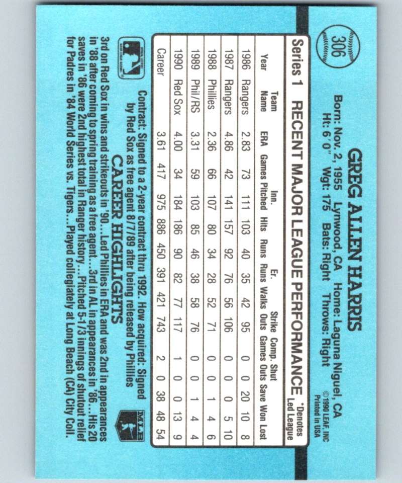 1991 Donruss #306 Greg Harris Red Sox MLB Baseball Image 2