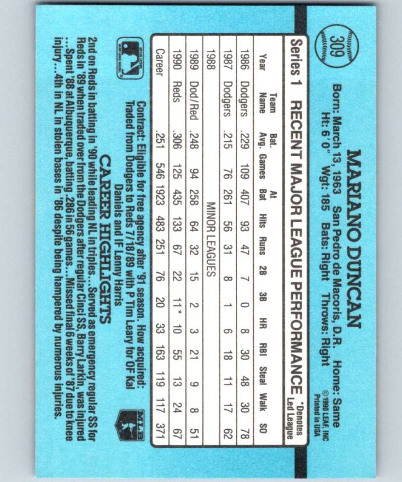 1991 Donruss #309 Mariano Duncan Reds MLB Baseball Image 2