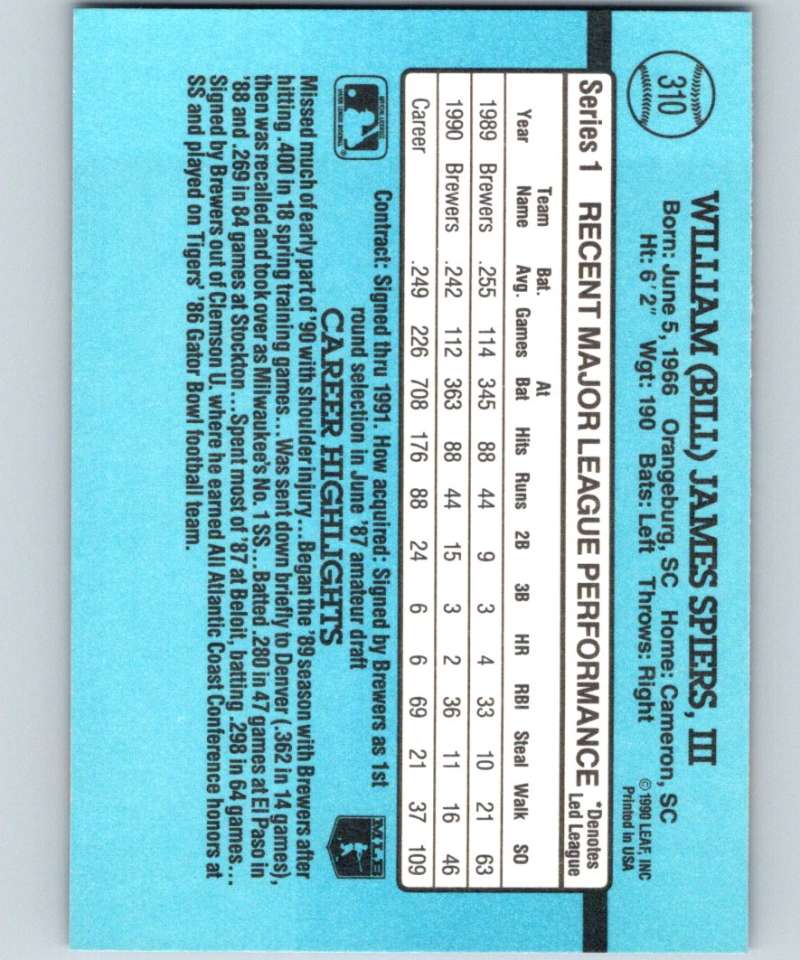 1991 Donruss #310 Bill Spiers Brewers MLB Baseball Image 2