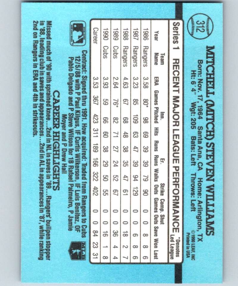 1991 Donruss #312 Mitch Williams Cubs MLB Baseball Image 2