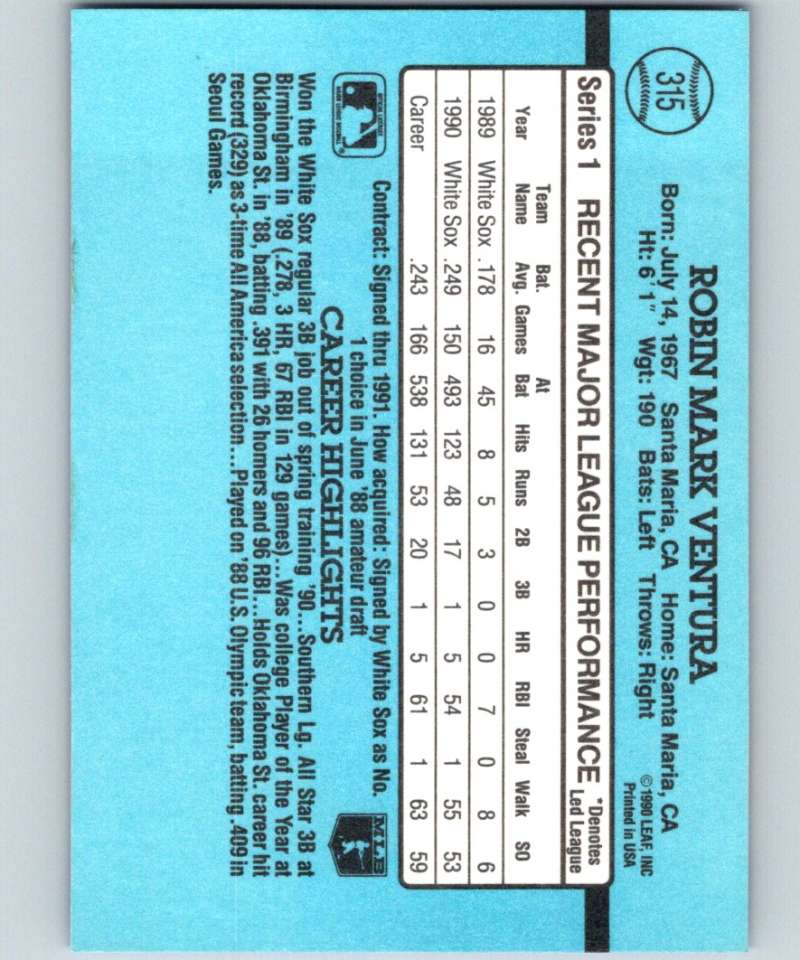 1991 Donruss #315 Robin Ventura White Sox MLB Baseball Image 2