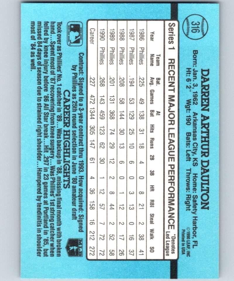 1991 Donruss #316 Darren Daulton Phillies MLB Baseball Image 2