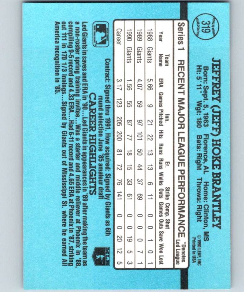 1991 Donruss #319 Jeff Brantley Giants MLB Baseball Image 2