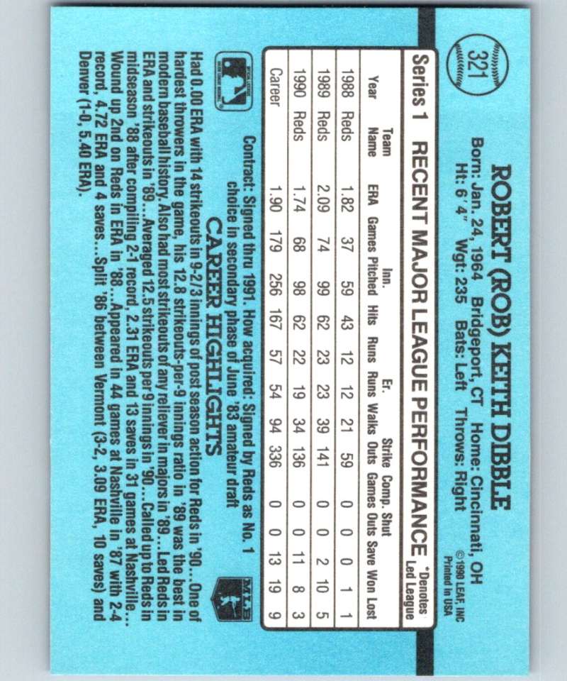 1991 Donruss #321 Rob Dibble Reds MLB Baseball Image 2