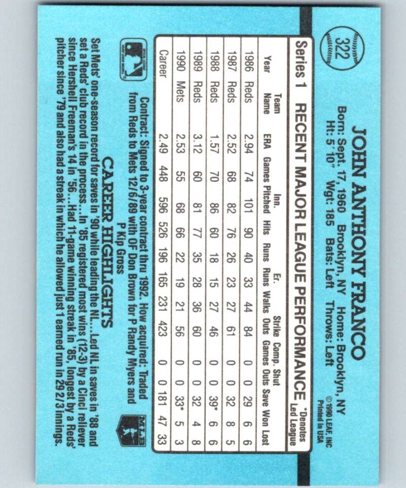 1991 Donruss #322 John Franco Mets MLB Baseball Image 2