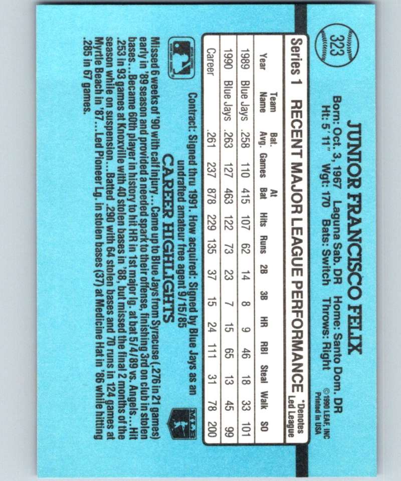 1991 Donruss #323 Junior Felix Blue Jays MLB Baseball Image 2