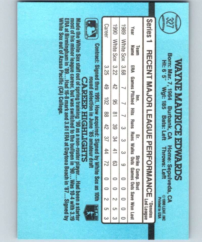 1991 Donruss #327 Wayne Edwards White Sox MLB Baseball Image 2
