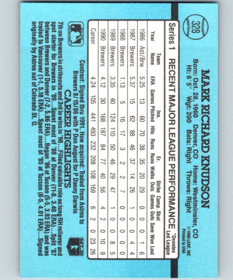 1991 Donruss #328 Mark Knudson Brewers MLB Baseball Image 2