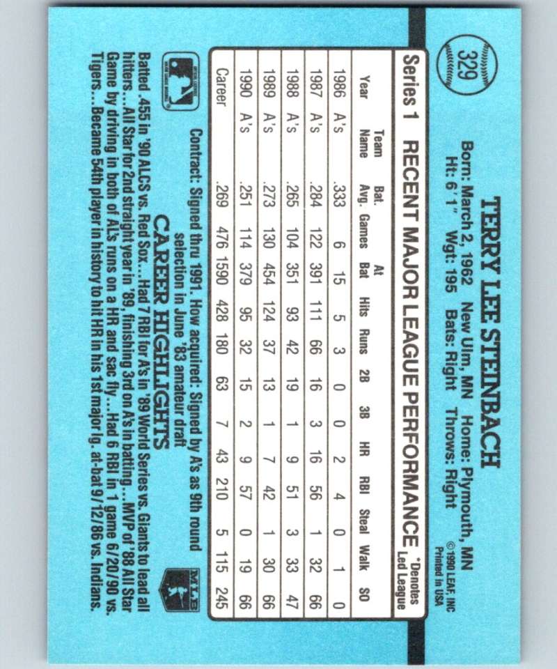 1991 Donruss #329 Terry Steinbach Athletics MLB Baseball Image 2