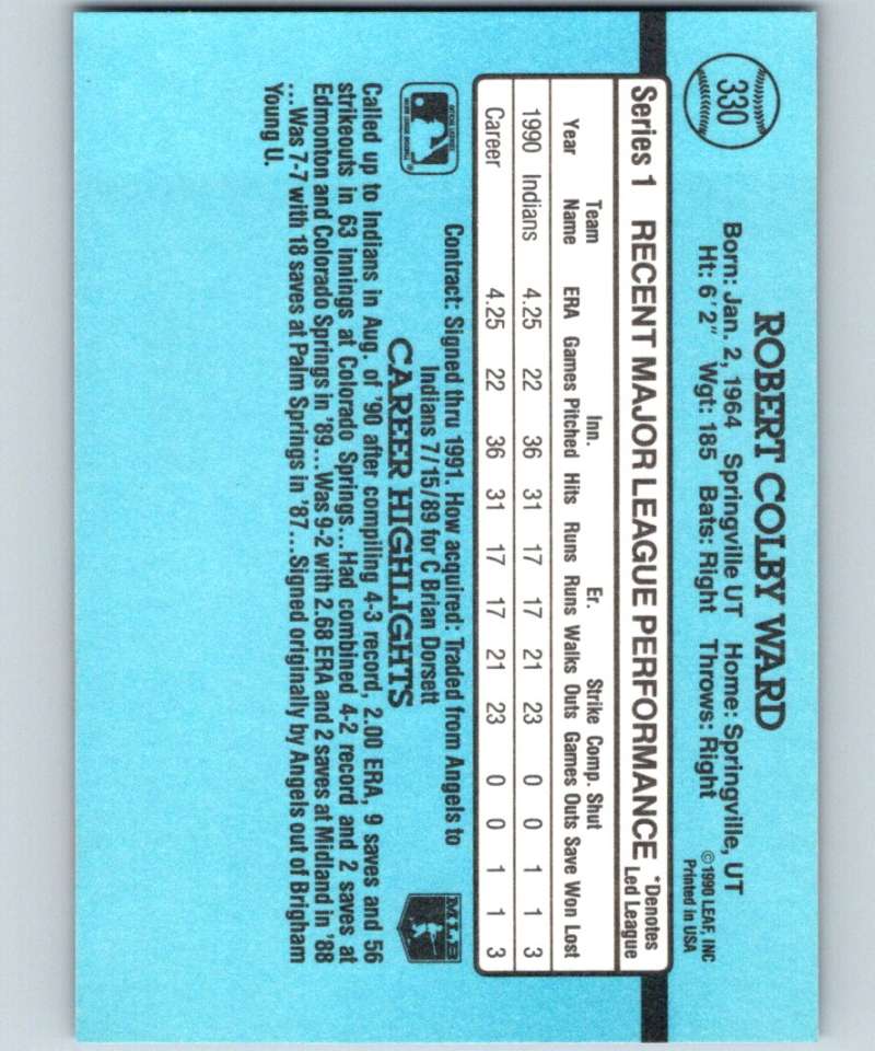 1991 Donruss #330 Colby Ward RC Rookie Indians UER MLB Baseball Image 2