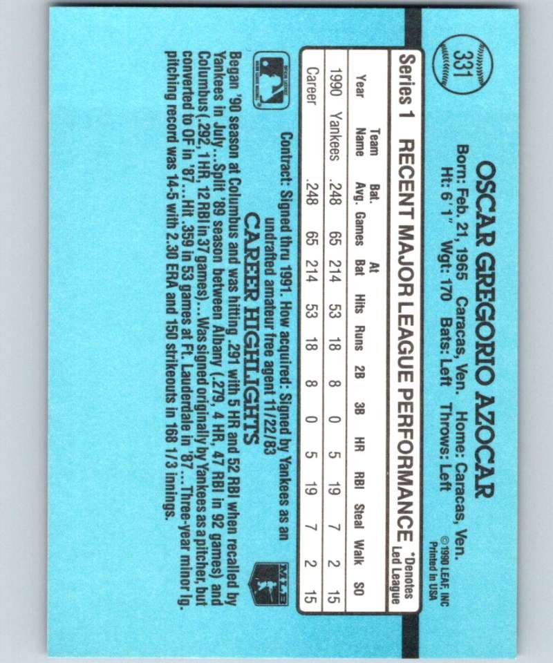 1991 Donruss #331 Oscar Azocar Yankees MLB Baseball Image 2