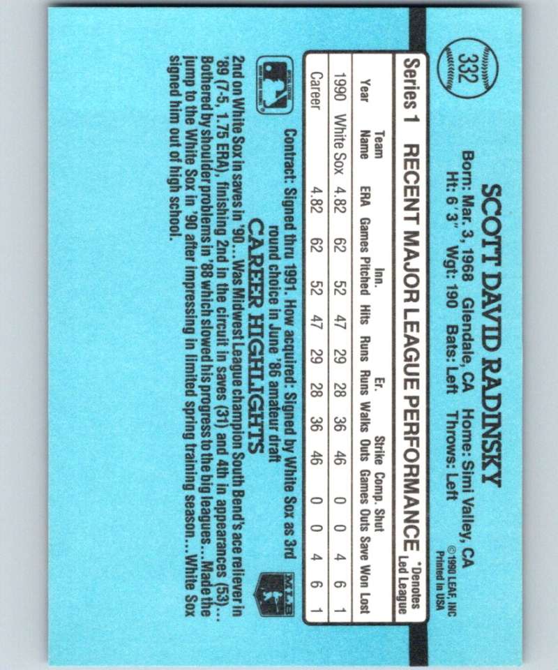 1991 Donruss #332 Scott Radinsky White Sox MLB Baseball Image 2