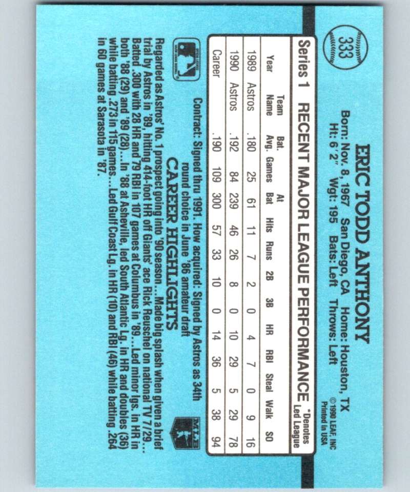 1991 Donruss #333 Eric Anthony Astros MLB Baseball Image 2