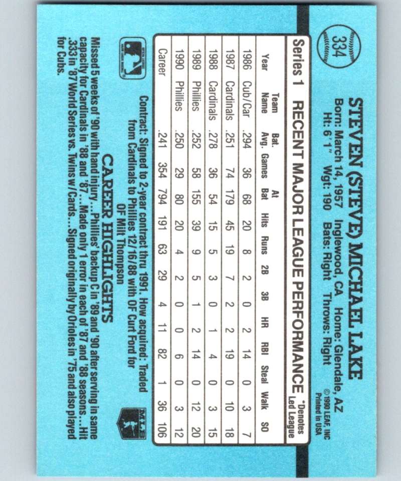 1991 Donruss #334 Steve Lake Phillies MLB Baseball Image 2