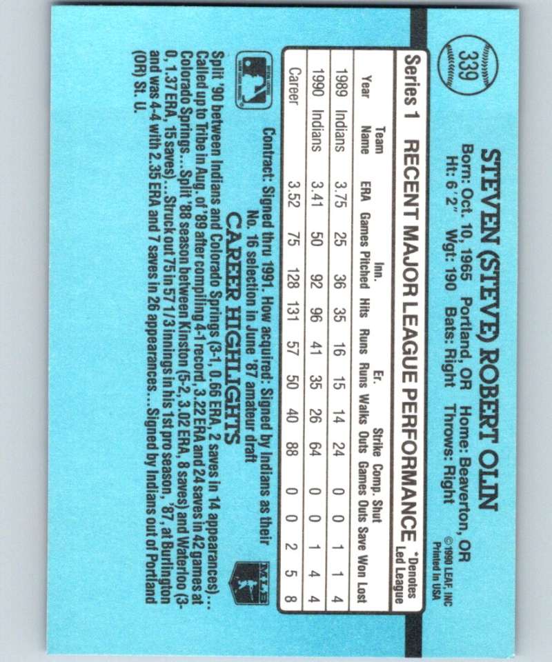 1991 Donruss #339 Steve Olin Indians MLB Baseball Image 2