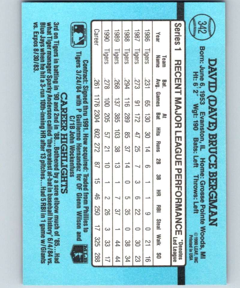 1991 Donruss #342 Dave Bergman Tigers MLB Baseball Image 2