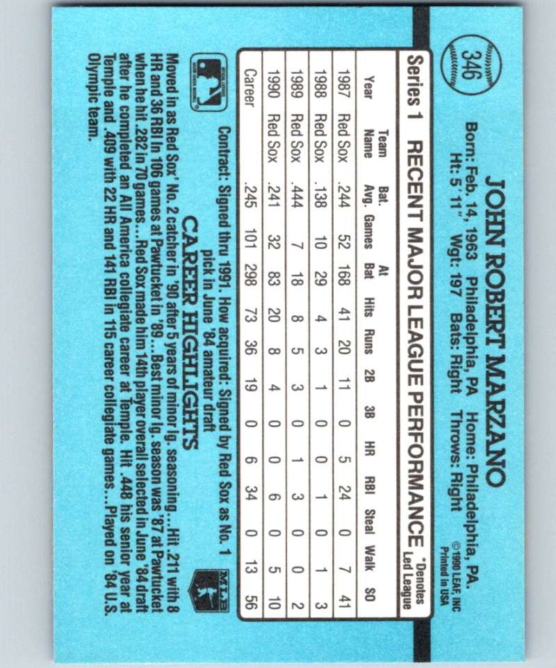 1991 Donruss #346 John Marzano Red Sox MLB Baseball Image 2